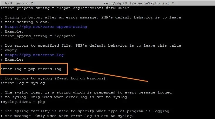 展示真实PHP开发或服务器终端环境中的php.ini错误日志配置，包括log_errors、error_log和error_reporting等配置项。