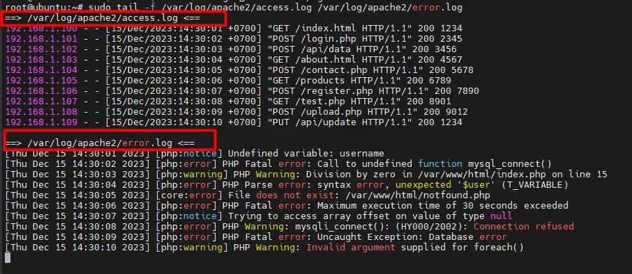 展示真实服务器终端中使用tail查看PHP错误日志，并通过PHP测试脚本触发日志记录和验证结果。