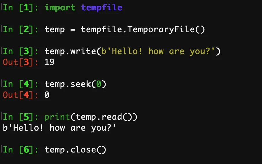 展示真实Python开发环境或终端中使用tempfile创建临时文件,并查看文件路径、内容及资源生命周期的操作结果。