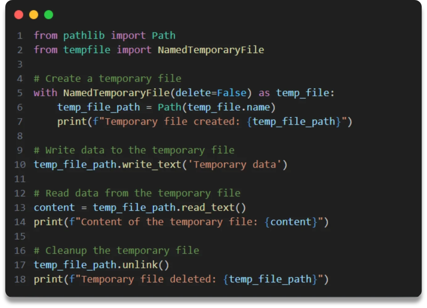 展示真实Python代码编辑器或终端中创建NamedTemporaryFile、写入数据并通过文件路径访问临时文件的过程。