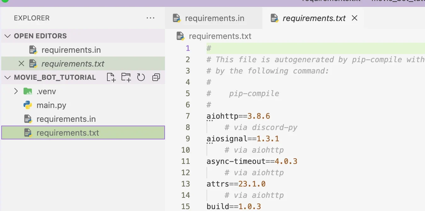 展示终端中创建requirements.in并执行pip-compile生成requirements.txt的实际操作场景。