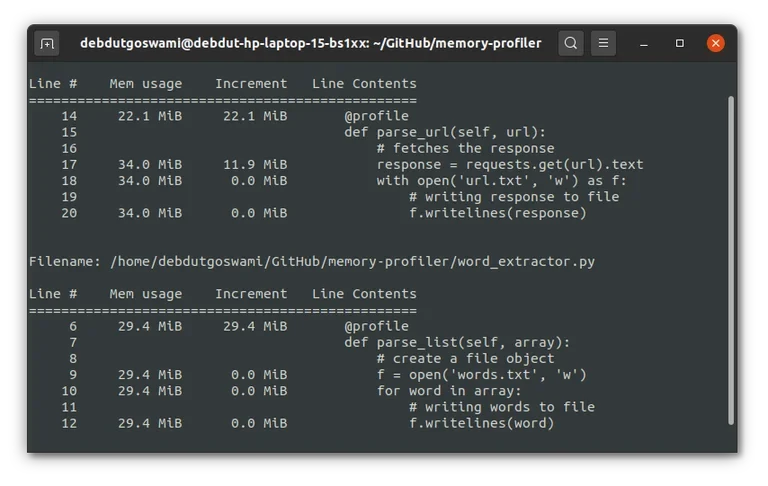 展示真实 memory-profiler 报告,突出Line、Mem usage、Increment、Occurrences等字段,以及列表扩容、临时对象或大数据加载造成的内存增长。