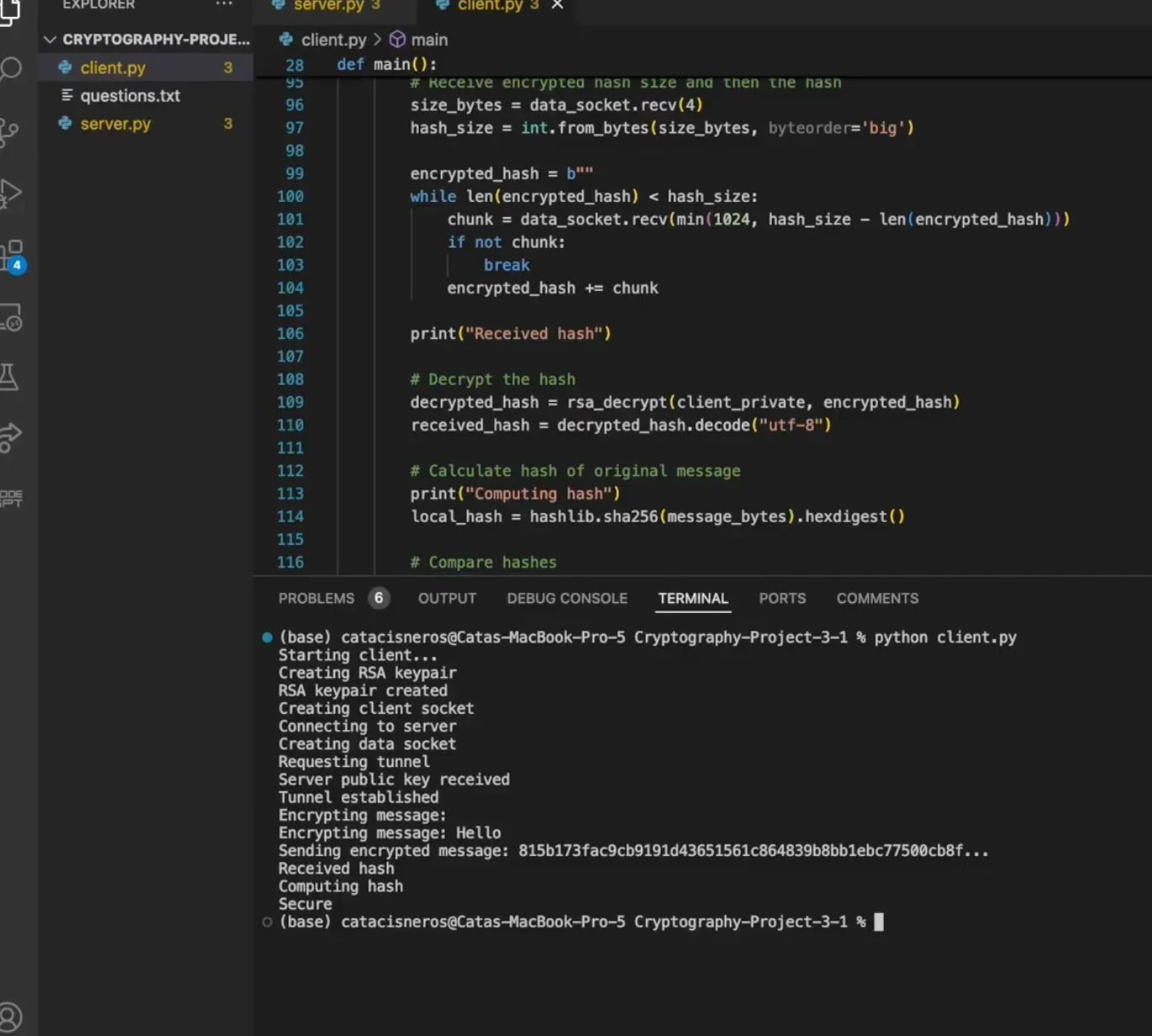 需要一张真实的 Python 加密开发场景配图,包含代码编辑器、终端和 hashlib/cryptography 相关代码界面。