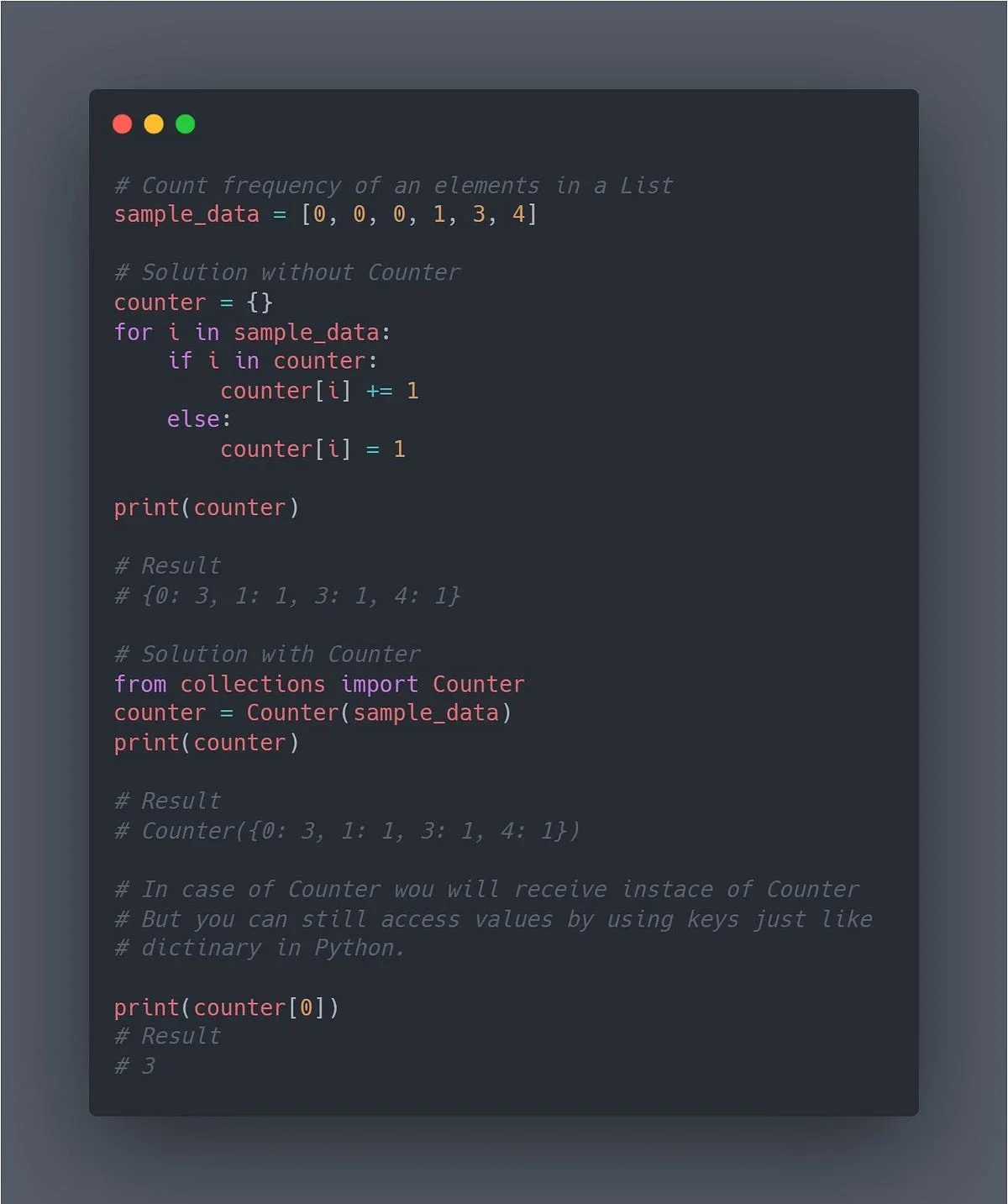 展示真实Python开发环境中的defaultdict与Counter代码，突出普通字典、默认值和计数器之间的功能差异。