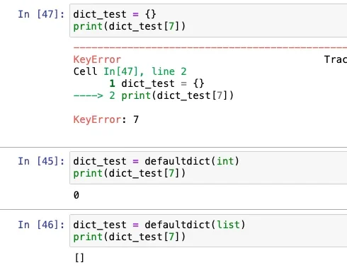 展示真实Python代码编辑器或终端中的defaultdict分组示例，体现键、默认值、数据追加及最终字典结果。