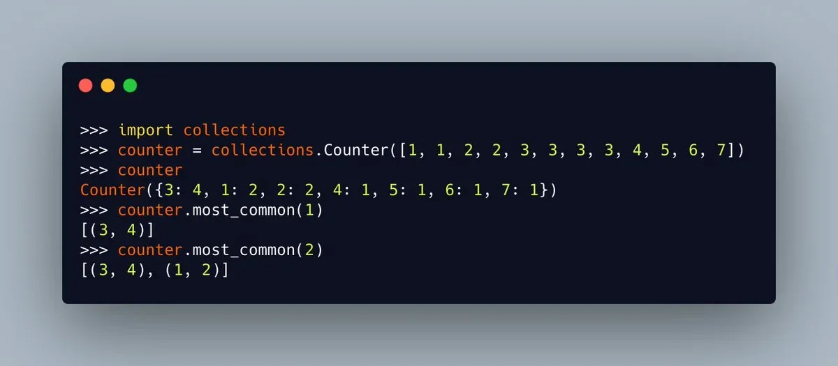 展示真实Python开发环境中的Counter统计结果，突出词频统计、most_common排行和计数器运算。