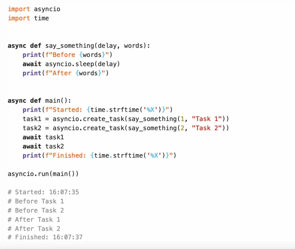 展示真实Python IDE或终端中的asyncio协程代码与运行结果,对比顺序执行和create_task并发执行的时间或输出效果。