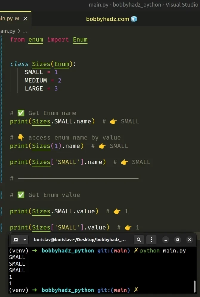 展示Python交互式终端中通过Enum成员、name、value和枚举类按值访问成员的真实运行结果。