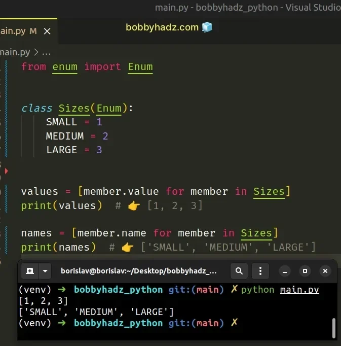 展示Python终端执行for循环遍历Enum并输出成员、name和value的真实界面,体现枚举成员的迭代顺序。