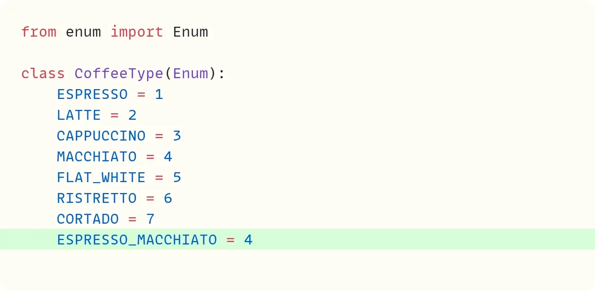 展示Python Enum重复值、别名成员和@unique检查错误的真实代码运行或终端报错界面。