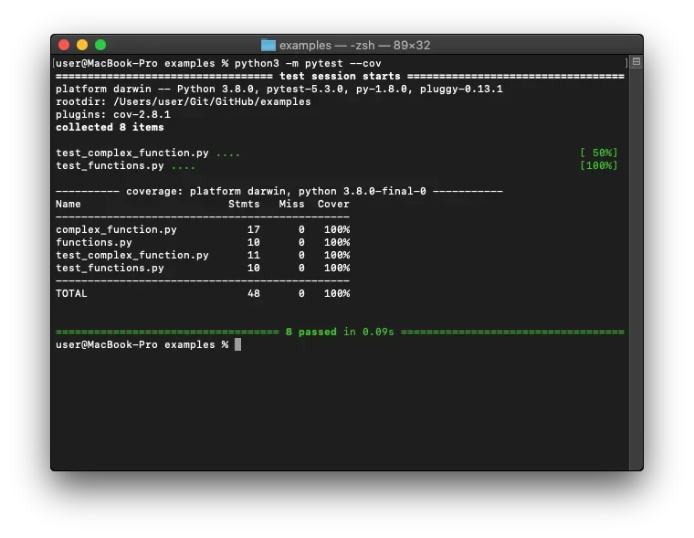 展示 pytest、pytest-cov、coverage.py 与 .coverage 数据文件及 HTML/XML 报告之间关系的真实终端或项目结构界面。