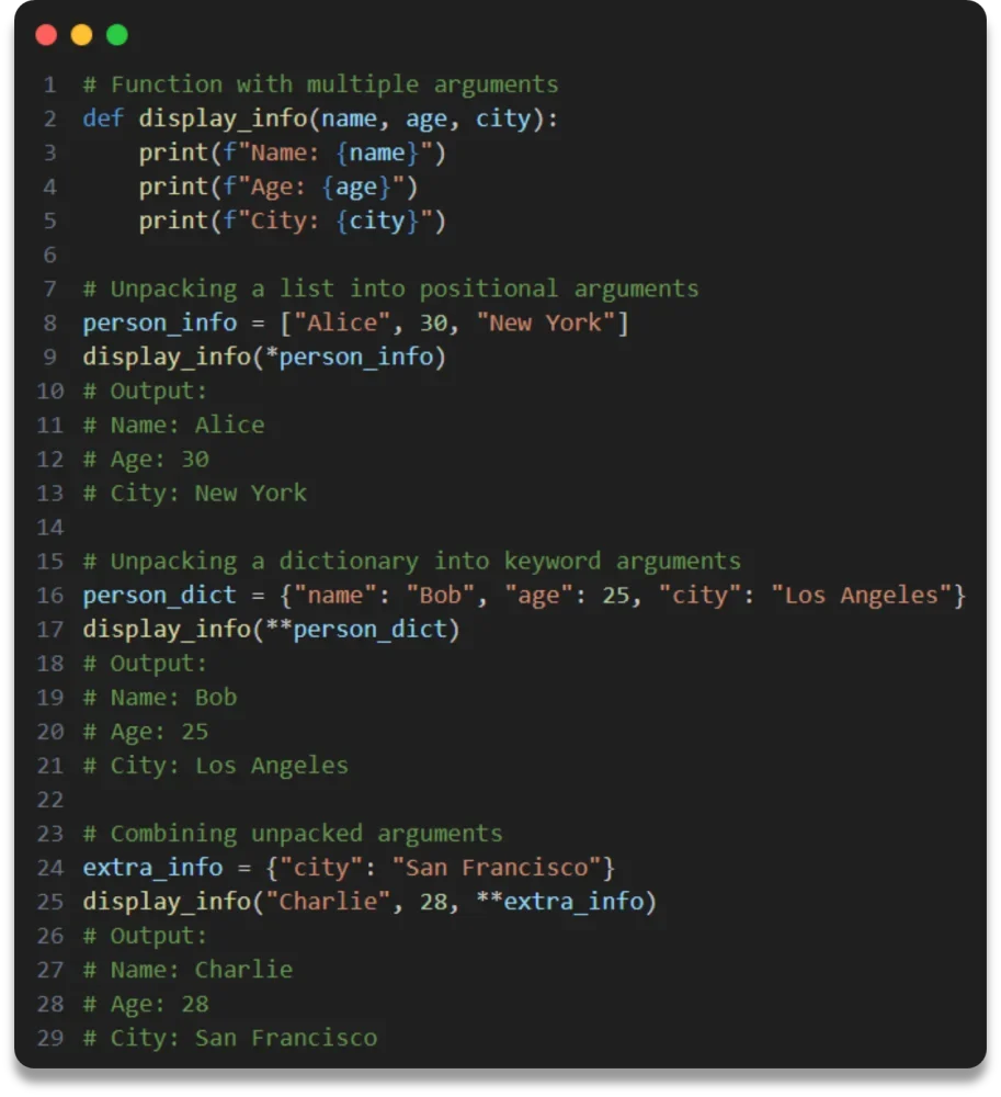 展示真实Python代码中使用list、tuple和**dict调用函数的示例及终端输出，直观体现参数解包过程。