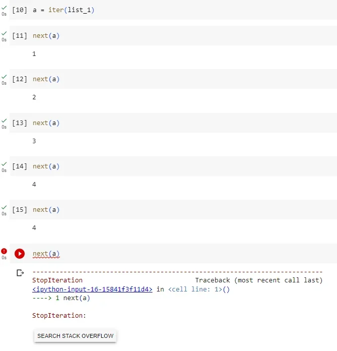 展示Python终端中连续调用next()直到StopIteration，以及使用for循环遍历同一迭代器的真实运行结果。