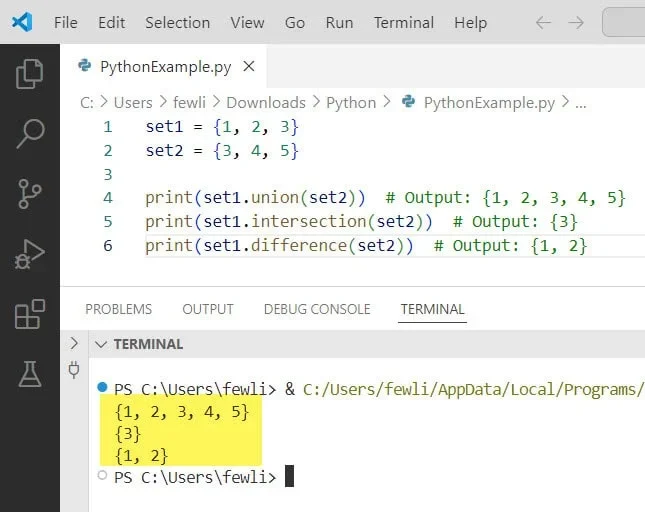 展示真实Python开发环境中两个集合及交集、并集、差集运算代码和输出结果。