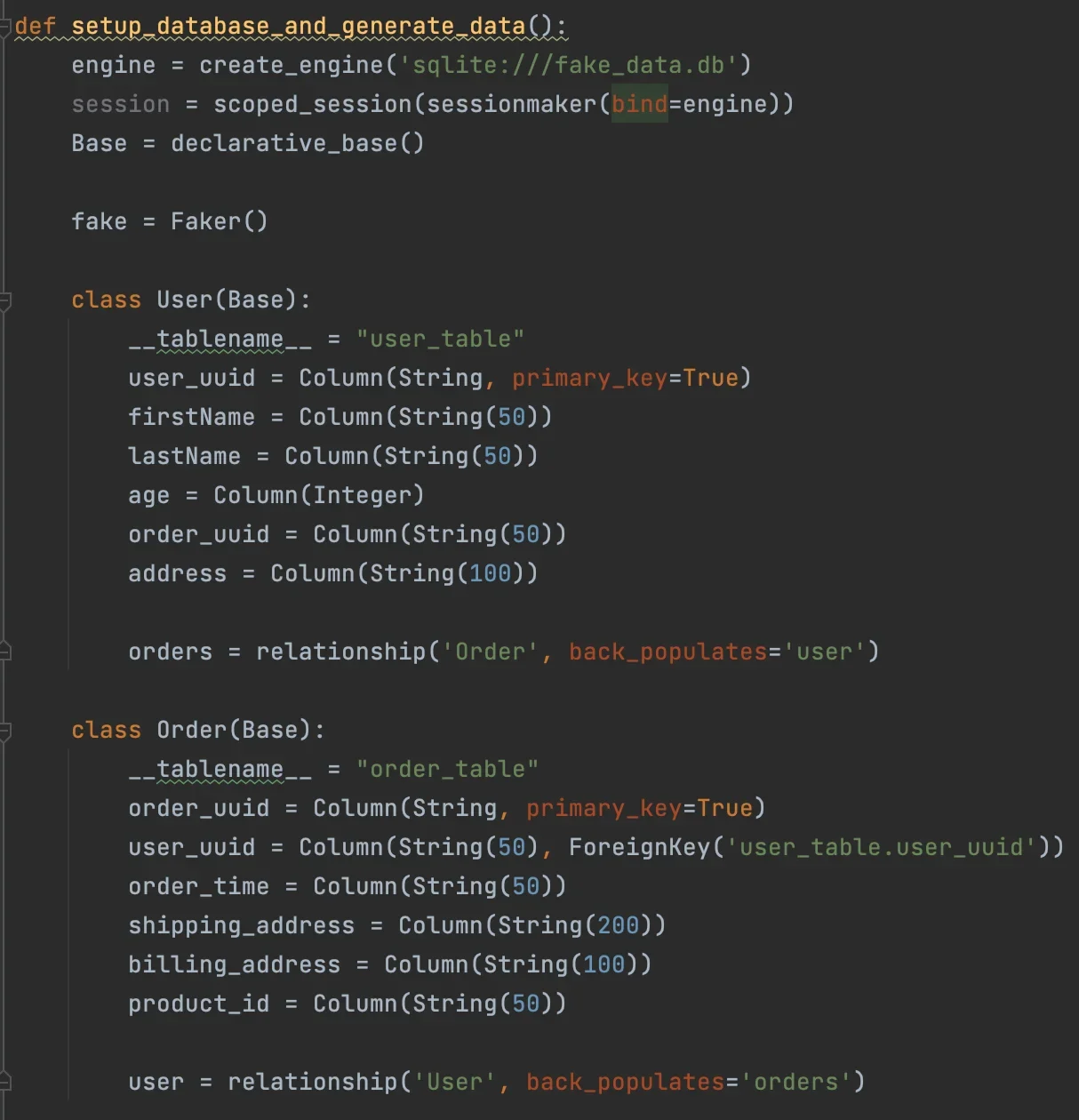 展示 Faker 生成数据经过 Python 数据填充脚本写入数据库,再通过 SQL 查询验证记录的真实工作流程。