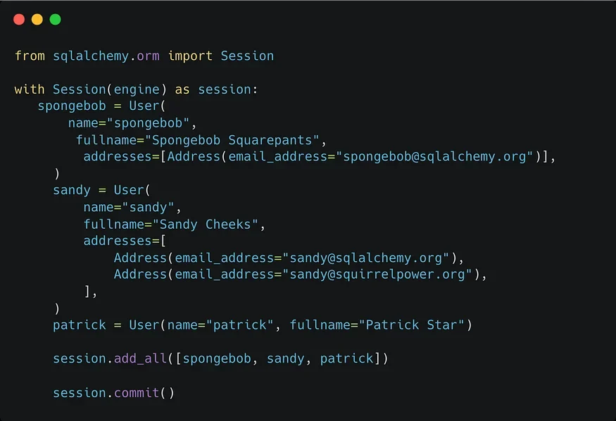 展示真实Python代码中的SQLAlchemy事务处理，包括session.begin、commit、rollback和异常处理。