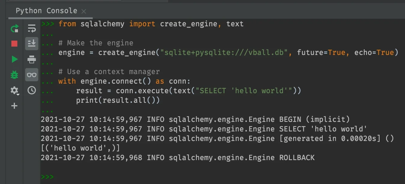 展示真实SQLAlchemy调试日志或Python终端，突出SQL语句、BEGIN、COMMIT、ROLLBACK以及查询结果。
