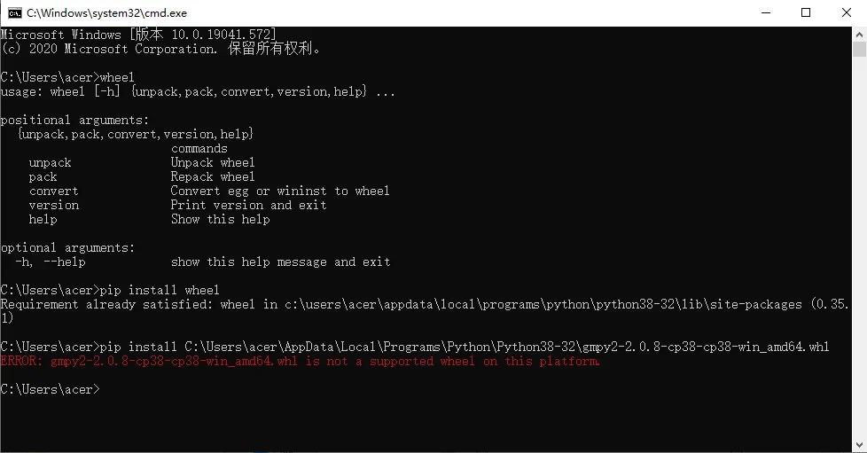 展示Wheel安装失败或平台标签不兼容的终端报错，并结合Wheel文件名和Python环境信息定位兼容性问题。