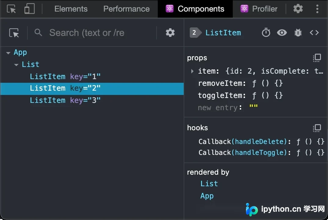 展示真实浏览器开发者工具中的React DevTools Profiler面板，包括组件树、Profiler标签页、录制按钮和性能分析入口。