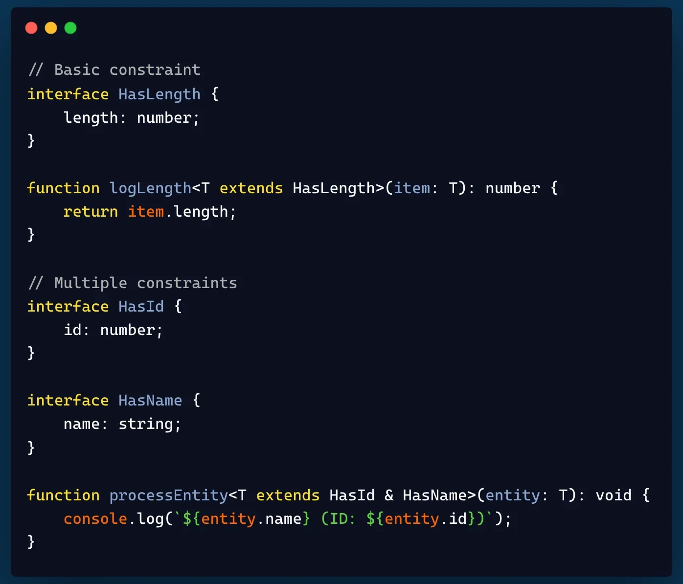 展示 TypeScript 泛型参数从输入类型到受约束类型的概念关系图,突出 extends 约束边界。