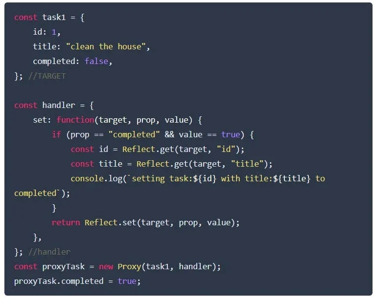 展示JavaScript Proxy与Reflect协作的真实代码或开发工具场景，突出get/set拦截器与Reflect操作之间的数据流。