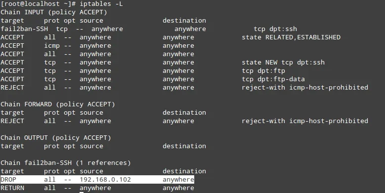 该节需要什么真实配图:执行 iptables 查看命令后出现 fail2ban 相关链和封禁 IP 的真实终端截图。