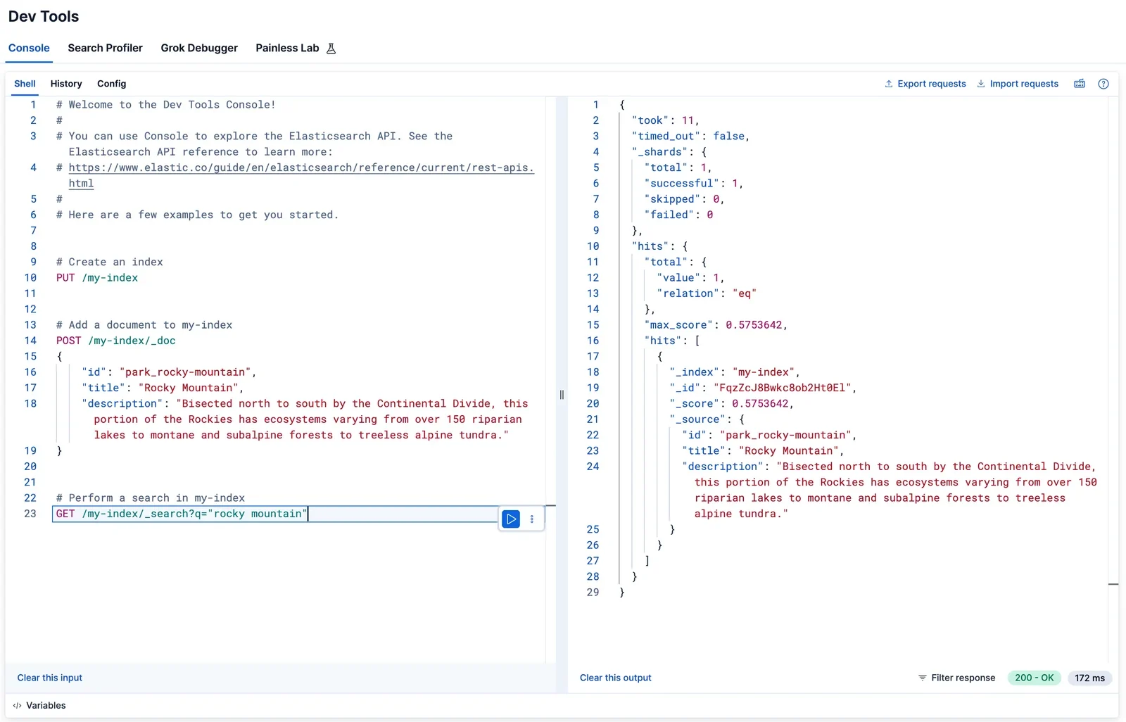 该节需要真实的 Elasticsearch/Kibana 操作界面或查询结果截图,展示创建索引、写入文档和全文搜索的实际流程。