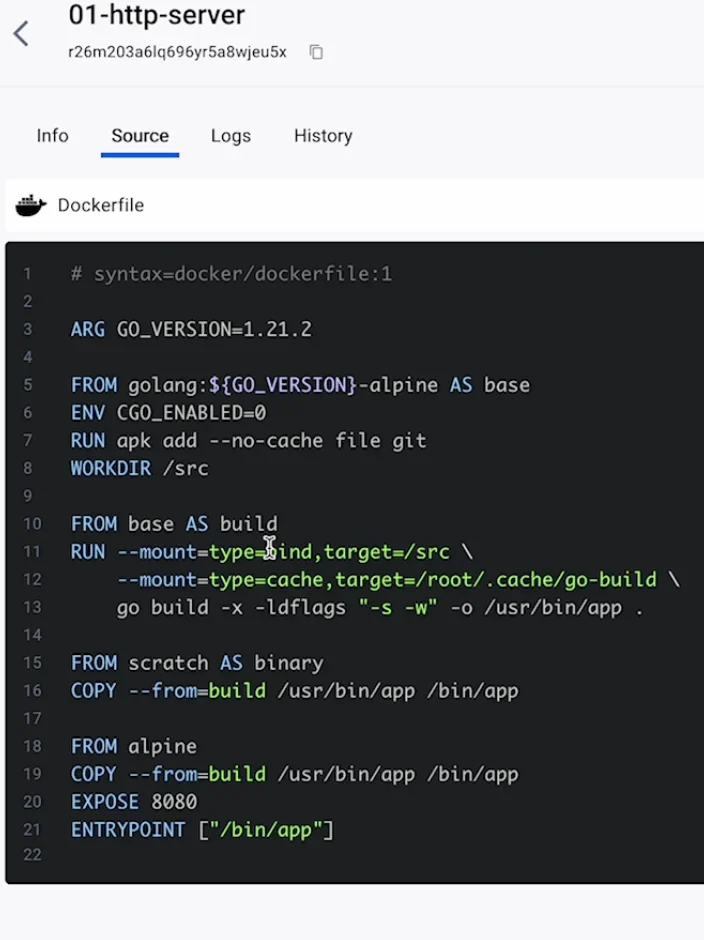 展示一个真实 Dockerfile 编辑器或终端场景,突出多阶段 FROM、COPY --from 等关键指令。
