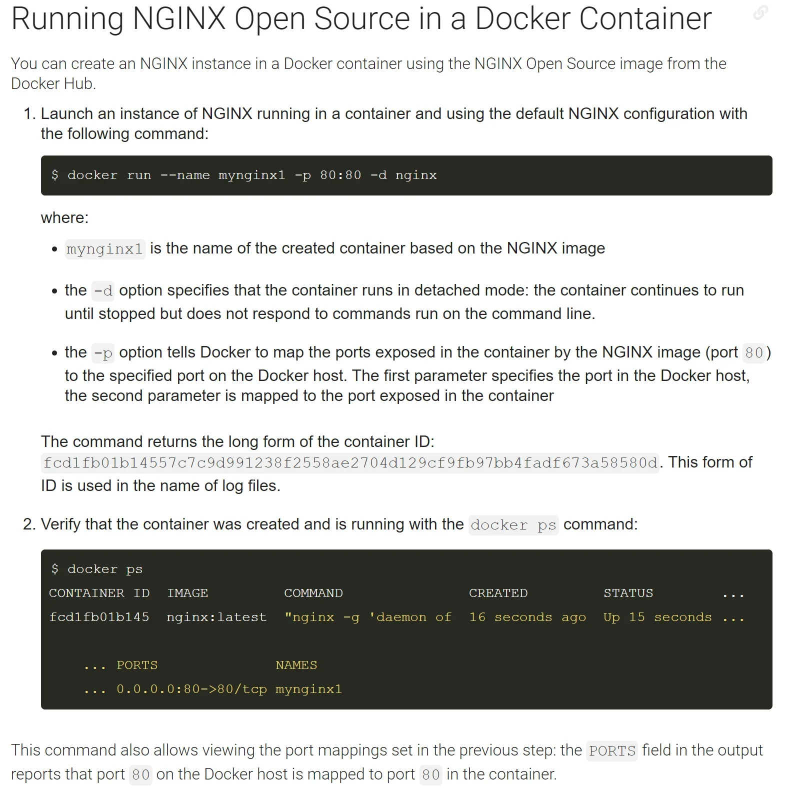 展示终端中 Docker 容器以前台模式运行，以及使用 -d 后返回容器 ID 的真实终端操作画面。