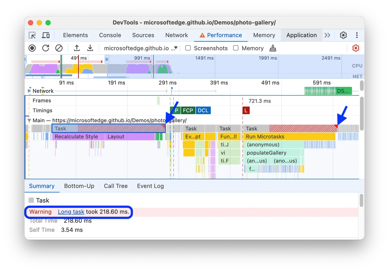 该节需要真实的浏览器性能分析或DevTools Performance面板配图，用于说明微任务过量、长任务与页面响应之间的关系。