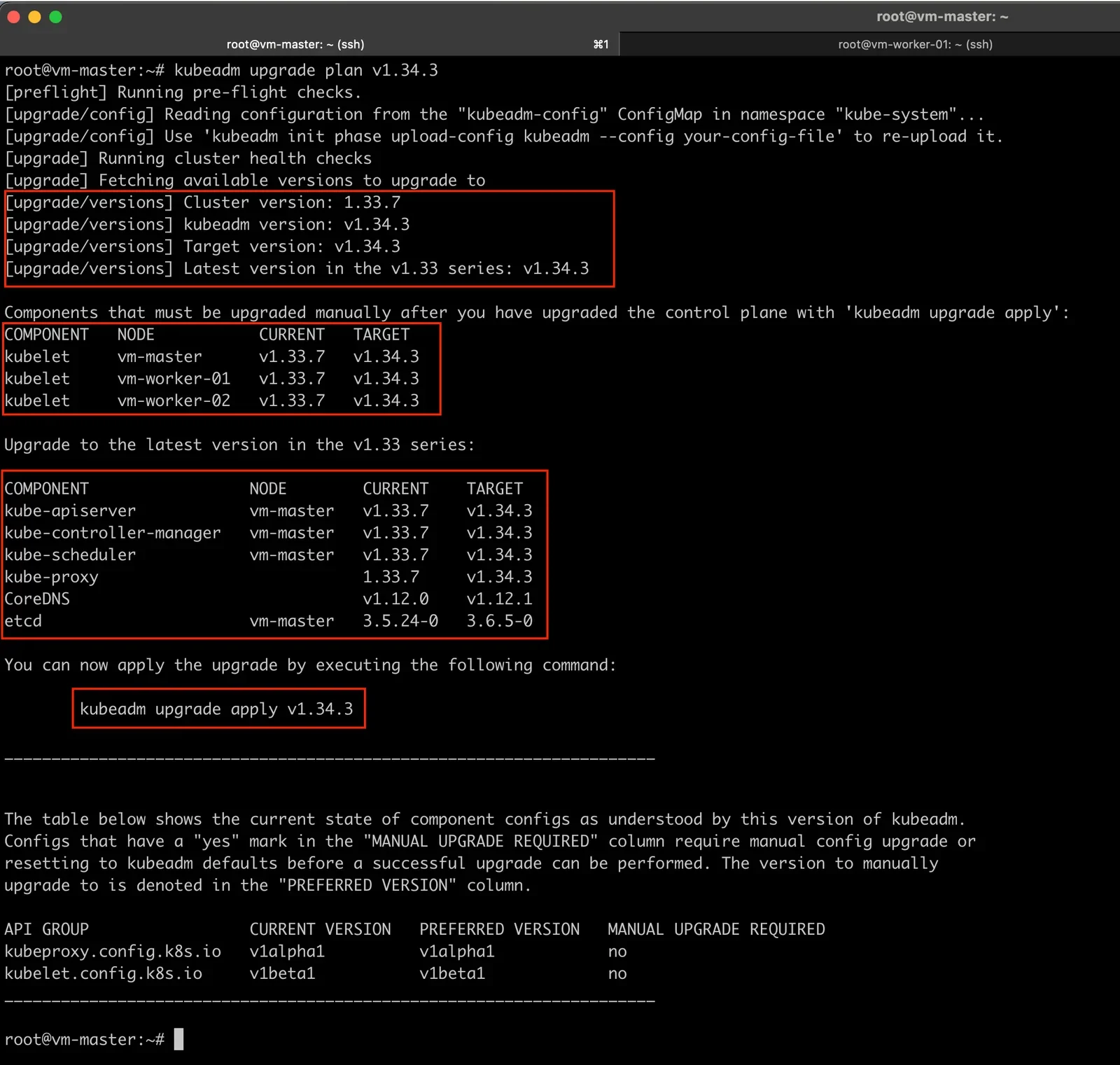 真实的 Kubernetes kubeadm upgrade plan 或控制平面升级终端画面,最好能展示升级前后版本和节点操作顺序。