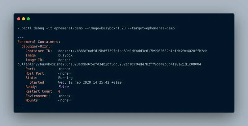 展示终端中执行 kubectl debug、创建 ephemeral container 并进入调试环境的真实操作画面。