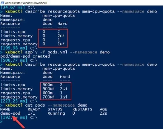 需要一张真实的 Kubernetes 资源管理界面或命令行截图,直观展示 Pod 的 requests/limits 与 Namespace ResourceQuota 的层级关系。