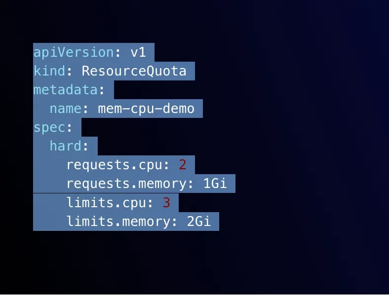 需要真实的 Kubernetes YAML 配置文件截图或终端执行 kubectl apply 的场景图,突出 ResourceQuota 配置。