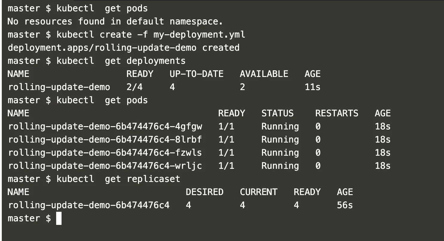 展示 kubectl 执行滚动更新后 Deployment、ReplicaSet 和 Pod 数量逐步变化的真实终端输出