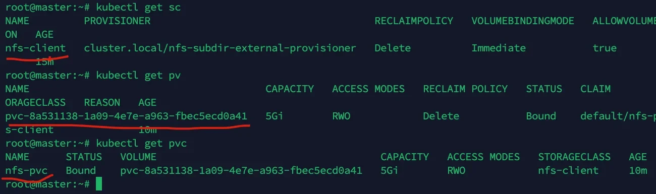该节需要什么真实配图:真实 Kubernetes Dashboard、kubectl 终端或云厂商控制台截图,展示 StorageClass、PVC 创建以及 PVC/PV 成功绑定的状态。