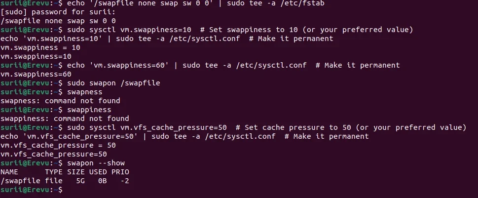 该节需要什么真实配图:Linux终端中执行free、swapon、sysctl以及查看swap状态的真实操作截图。