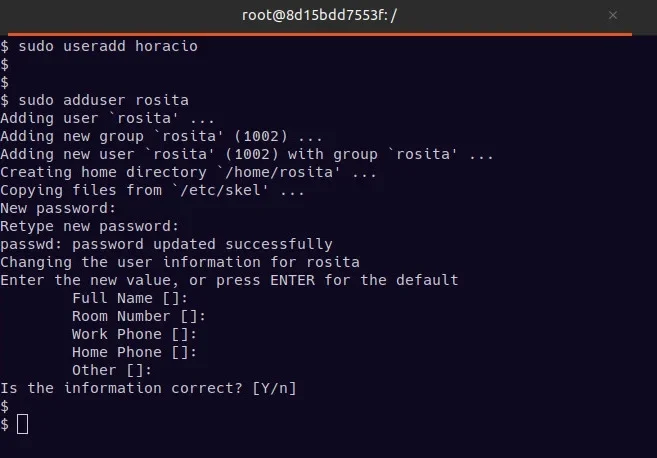 展示Linux终端中执行useradd创建用户及查看用户信息的真实操作截图