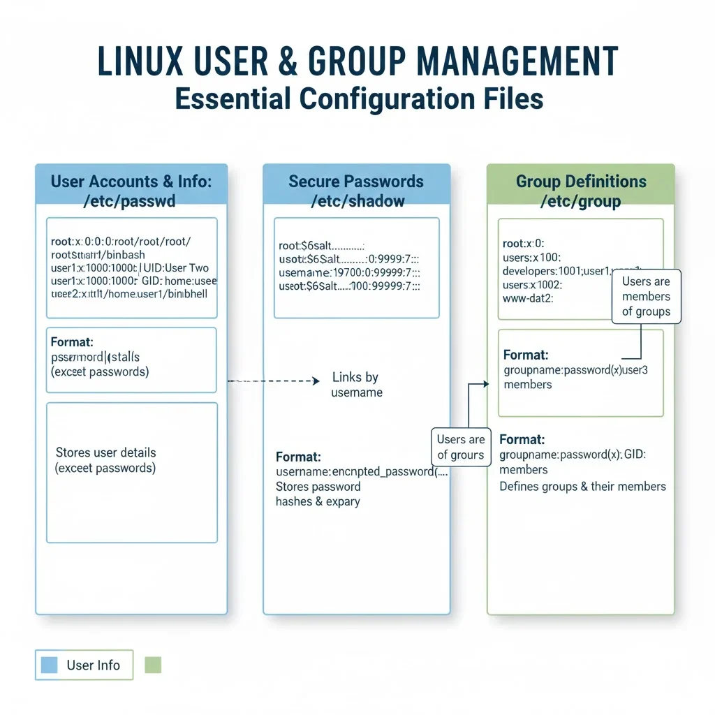 展示Linux用户和用户组配置文件及权限关系的真实系统界面或终端场景
