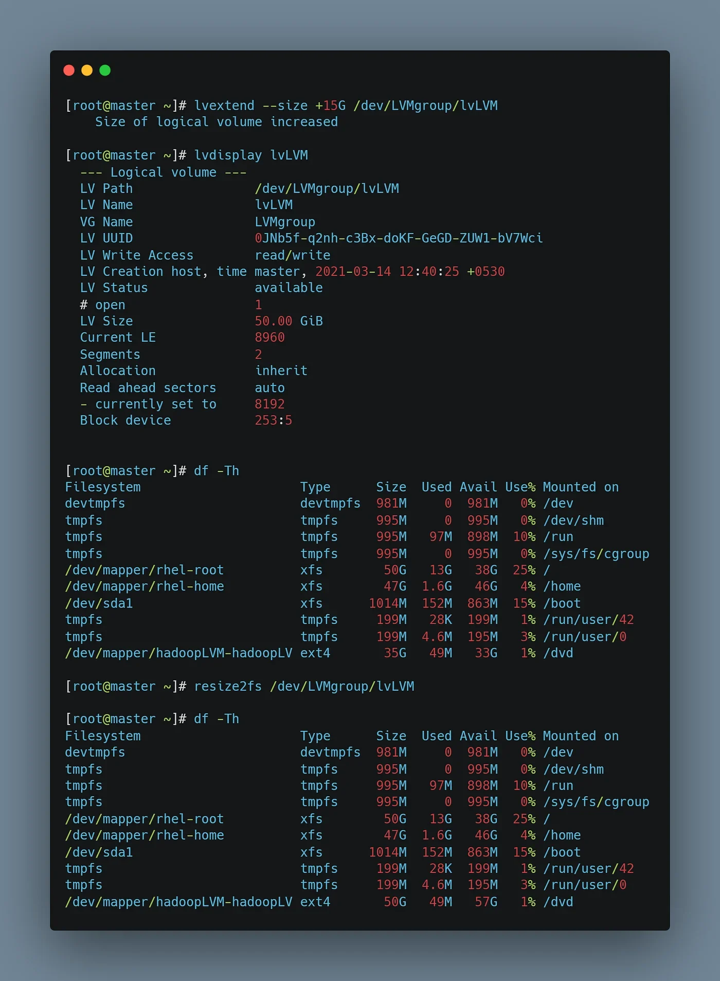 该节需要LVM分层结构和Linux磁盘设备关系的真实终端截图或示意图