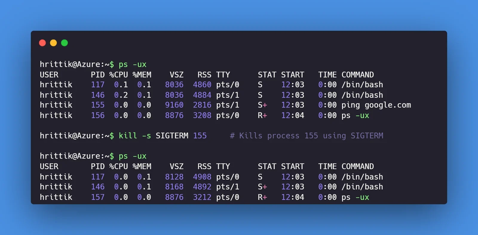 该节需要什么真实配图:Linux终端中使用ps、kill和kill -l查看进程与信号的实际操作截图
