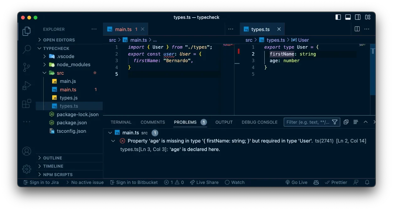 需要真实的 TypeScript 编译错误或 IDE 类型检查截图，展示错误推断、类型不匹配和修正后的结果。