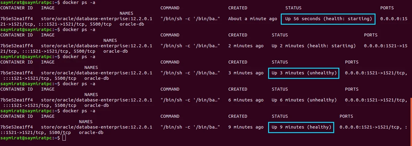 展示 Docker 容器生命周期与健康状态(starting、healthy、unhealthy)的真实终端或 Docker Desktop 界面截图。