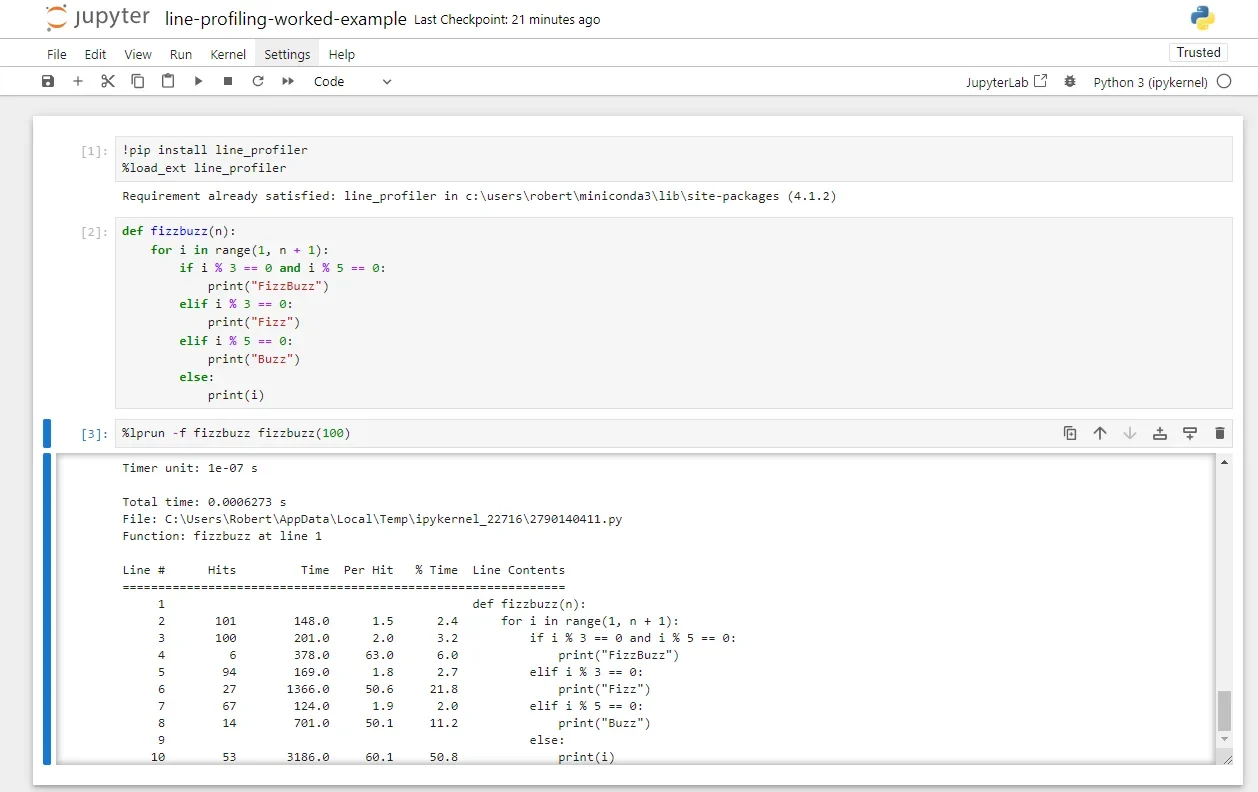 该节需要 Python 项目终端中安装 line_profiler 并运行分析命令的真实截图，最好同时展示目标函数代码。