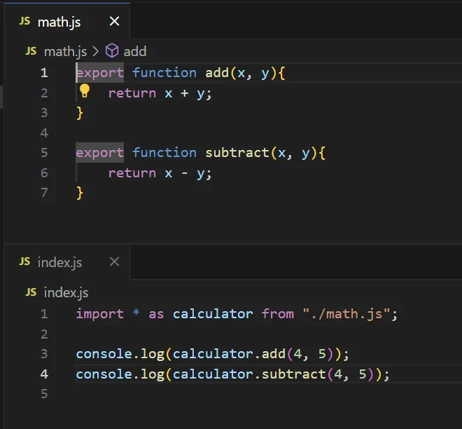 需要一张真实的 JavaScript 项目目录与代码编辑器截图,展示多个 ES Module 文件之间的 import/export 关系及运行结果。