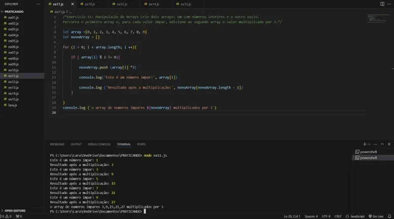 需要一张真实的 JavaScript 编程环境截图,展示编辑器中的变量、数组、条件判断和控制台运行结果,帮助读者建立实操场景。