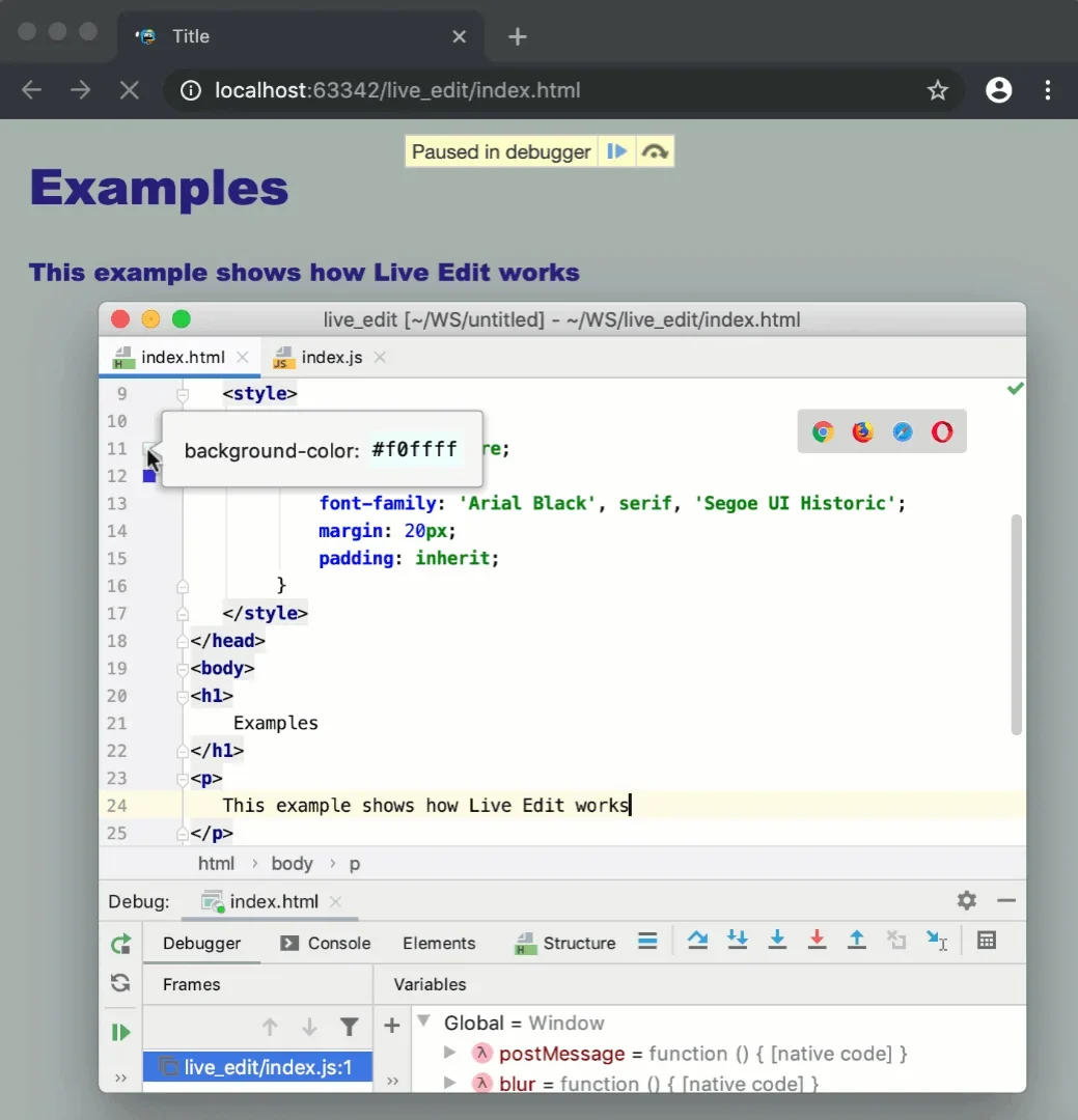 展示典型网页开发工作区,包括代码编辑器、HTML/CSS/JavaScript文件和浏览器预览窗口。