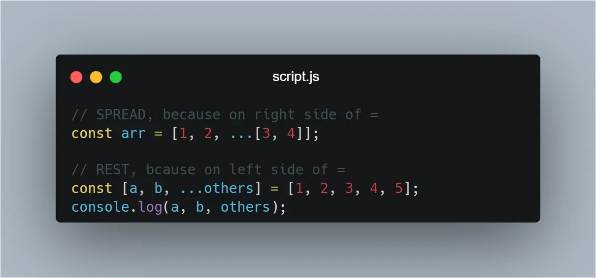 展示 JavaScript 对象与数组操作、解构和展开语法的真实代码界面