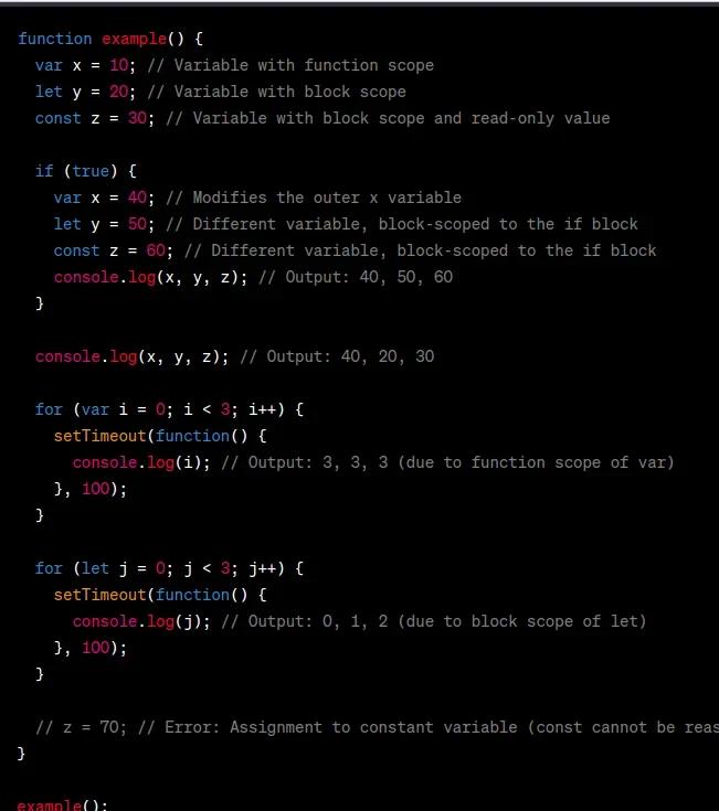 展示现代 JavaScript 变量声明、块级作用域与箭头函数的代码编辑器真实场景