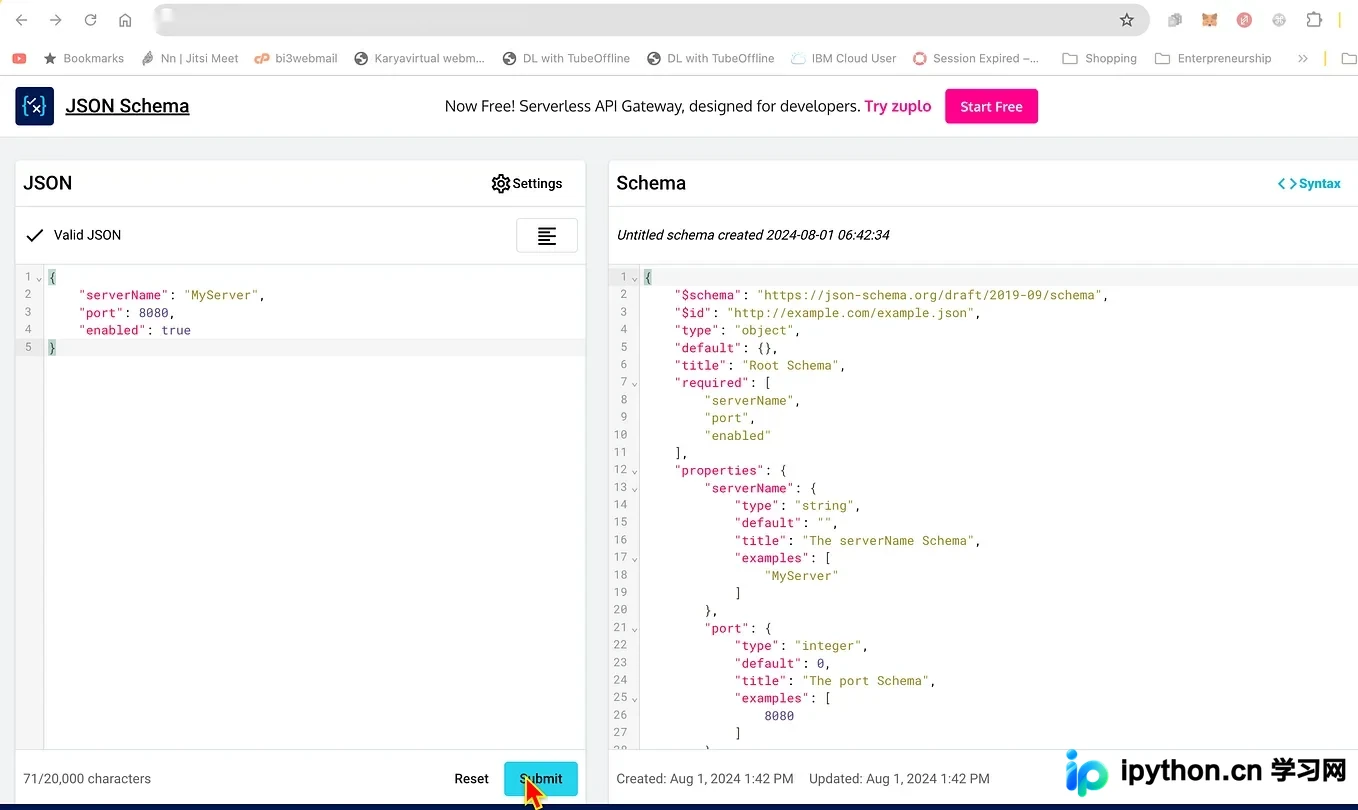 展示一个清晰的JSON Schema与对应JSON输出的真实代码编辑器截图或技术文档配图